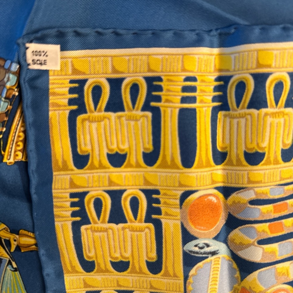 Vintage Hermes Egyptian Tutankhamun Silk-Style Scarf in Blue and Gold - Picture 6 of 9